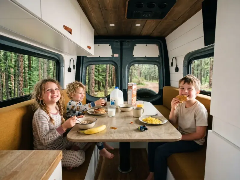 Three children eating breakfast at the dinette of a Papago van, back doors open onto pine forest