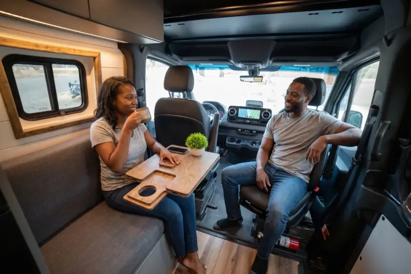 A couple sitting at the swivel-seat table of a Papago van, coffee in hand, side door open