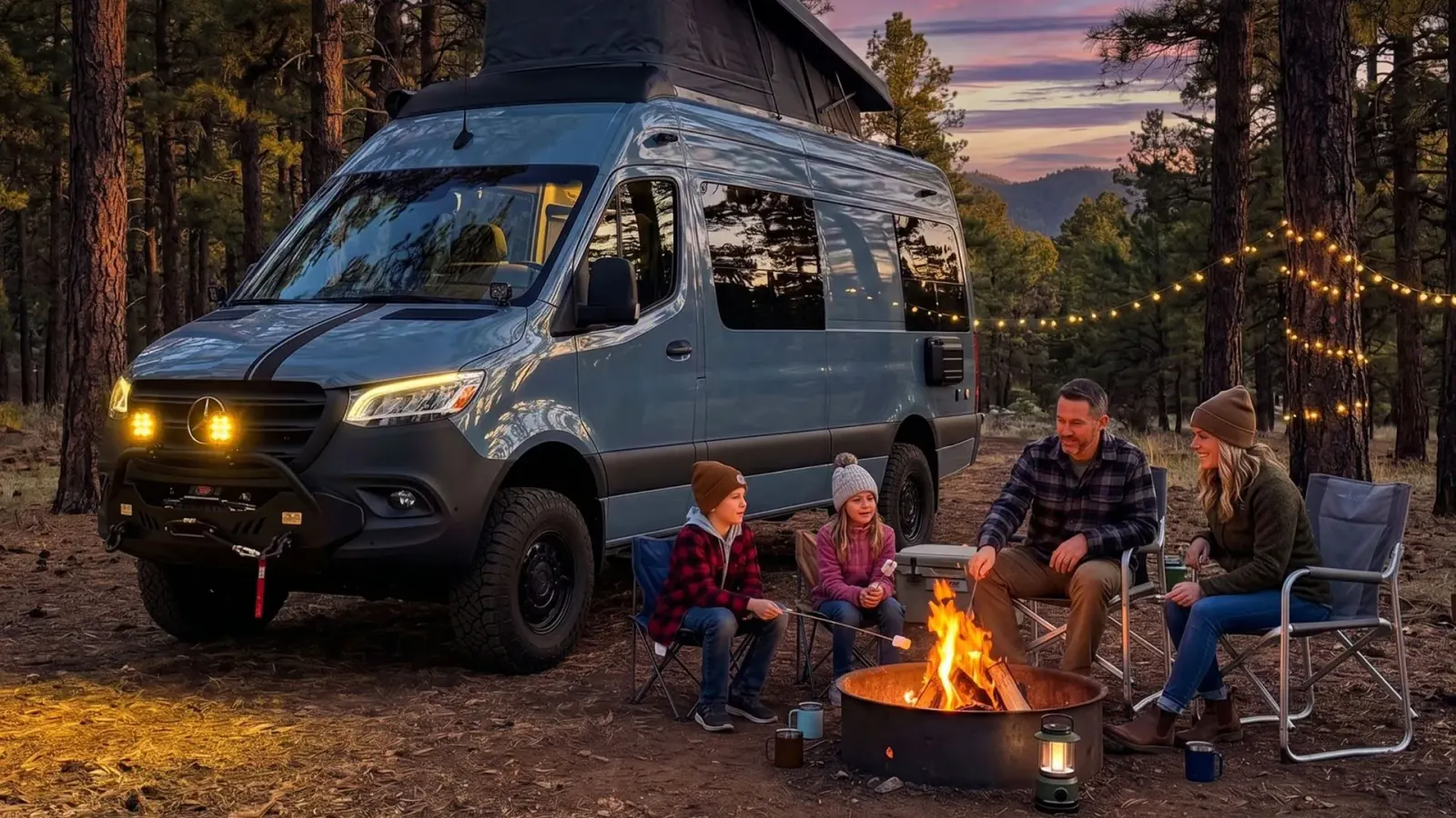 A Papago Vans Sprinter with its pop-top raised at a pine forest campsite, a family around the fire at dusk