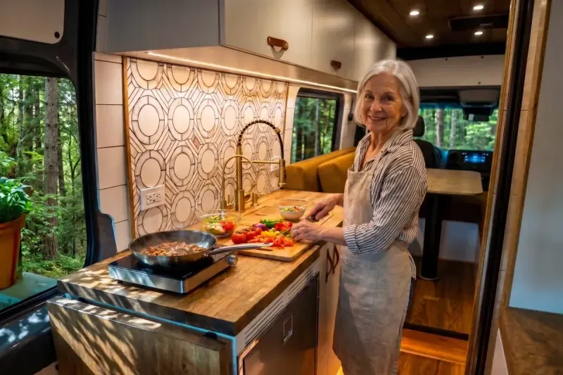 A woman cooking at the galley counter of a Sprinter, induction burner going, slider door open on the trees