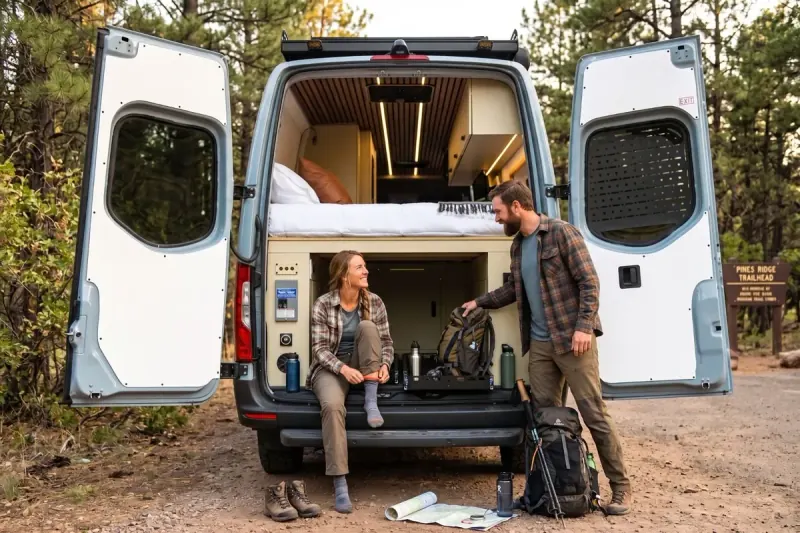 A couple at a trailhead beside their Sprinter, rear doors open on a made bed, packs and boots on the ground