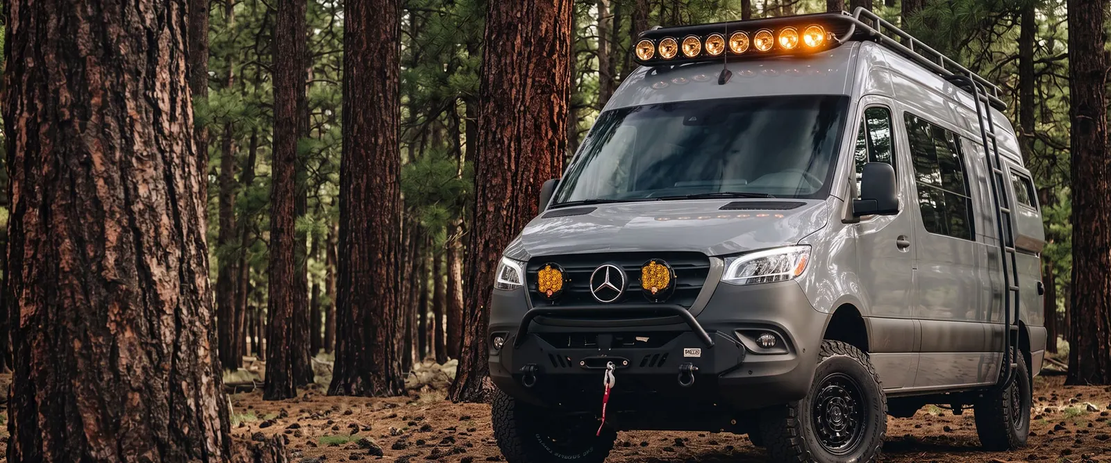 A lifted grey Papago Sprinter with a roof light bar, ladder and winch bumper, parked among tall pines