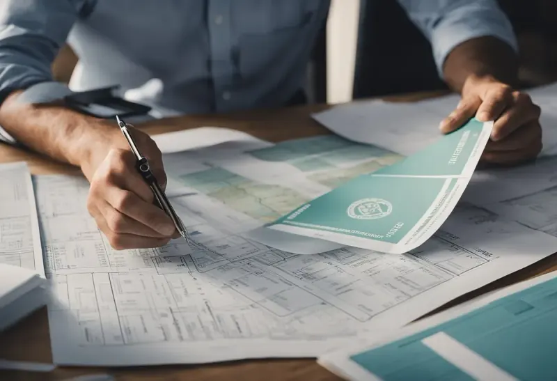 A builder holding an RVIA certification plaque while studying building codes and zoning regulations. Blueprints and zoning maps spread out on a desk